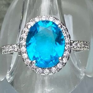 New Oval Aquamarine Diamond CZ Silver Stone Ring